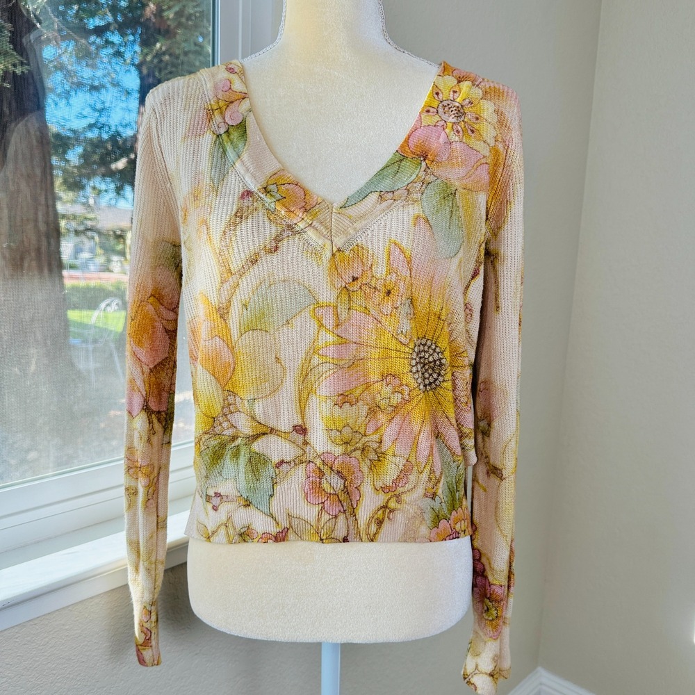Anthropologie The Dreamer Crop Floral Linen Blend Sweater Top Womens SP Boho 90s